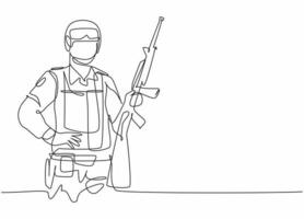 Single one line drawing of young male soldier holding riffle weapon. Professional work profession and occupation minimal concept. Continuous line draw design graphic vector illustration