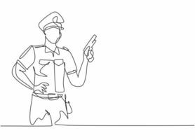 Continuous one line drawing of young policeman wearing uniform and holding hand revolver gun. Professional job profession minimalist concept. Single line draw design vector graphic illustration