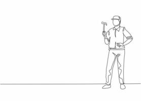 Continuous one line drawing of young handyman holding hammer. Professional job profession minimalist concept. Single line draw design vector graphic illustration