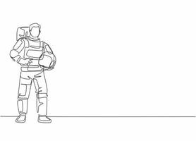 Continuous one line drawing of young male astronaut pose standing and holding helmet. Professional job profession minimalist concept. Single line draw design vector graphic illustration