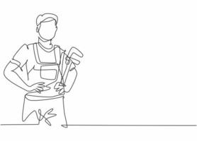 Single one line drawing of young male plumber wearing uniform holding pipe wrench. Professional work profession and occupation minimal concept. Continuous line draw design graphic vector illustration