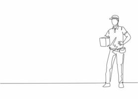 Single continuous line drawing of young handsome delivery man pose standing while holding box. Professional work job occupation. Minimalism concept one line draw graphic design vector illustration