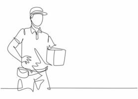 Continuous one line drawing of young delivery man holding package box to be delivered to customer. Professional job profession minimalist concept. Single line draw design vector graphic illustration