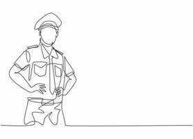 dibujo continuo de una línea de la pose del piloto joven capitán vistiendo uniforme antes del despegue del vuelo. concepto minimalista de profesión de trabajo profesional. Ilustración gráfica de vector de diseño de dibujo de una sola línea