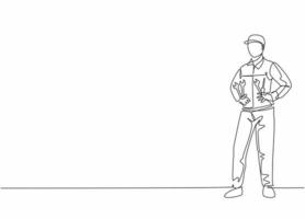 Single one line drawing of young male mechanic pose standing on workshop garage. Professional work profession and occupation minimal concept. Continuous line draw design graphic vector illustration