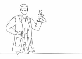 Single continuous line drawing of young male scientist working on laboratory to find flu vaccine. Professional work job occupation. Minimalism concept one line draw graphic design vector illustration