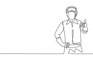 Single one line drawing of welder with a thumb-up gesture works in the construction of a building forming a steel frame that is melted by fire. Continuous line draw design graphic vector illustration.