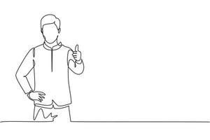 Un solo dibujo de una línea del portero del hotel con un uniforme muy pulcro posa con el pulgar hacia arriba. atender a los huéspedes con amabilidad y cordialidad. Ilustración de vector gráfico de diseño de dibujo de línea continua moderna.