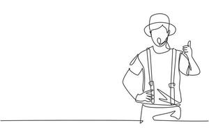 Single one line drawing of Mime Artist with thumbs-up gesture and white face make-up puts on a silent motion comedy show at circus arena. Modern continuous line draw design graphic vector illustration