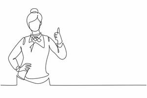 Single continuous line drawing flight attendant with a thumbs-up gesture is ready to serve airplane passengers in a friendly and warm manner. Dynamic one line draw graphic design vector illustration