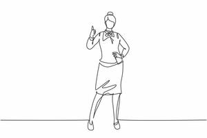 Single one line drawing of flight attendant stands in a uniform with thumbs-up gesture at the airport with the crew flying to their destination. Continuous line draw design graphic vector illustration