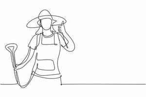 Continuous one line drawing female farmer with a thumbs-up gesture wearing a straw hat and carrying a shovel to work on the farm at harvest time. Single line draw design vector graphic illustration.