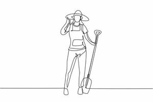 Single one line drawing of female farmer stood with a thumbs-up gesture, wearing a straw hat and carrying a shovel to plant crops on farmland. Continuous line draw design graphic vector illustration.