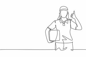 Single one line drawing of delivery lady with a thumbs-up gesture, carrying the package box to be delivered to customers with the best service. Continuous line draw design graphic vector illustration