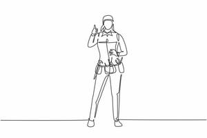 Continuous one line drawing handywoman stands with thumbs-up gesture and tools such as pliers, screwdriver, hammer that is placed on his work shirt. Single line draw design vector graphic illustration