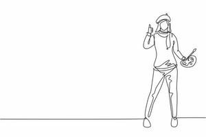 Single continuous line drawing woman painter stands with a thumbs-up gesture using a hat and painting tools to produce artwork in her workshop studio. One line draw graphic design vector illustration