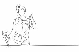 Continuous one line drawing a plumber woman with a thumbs-up gesture at work fixing leaking drains in sinks and household drains professionally. Single line draw design vector graphic illustration.