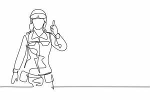 Single continuous line drawing woman soldiers with goggle, full uniforms, thumbs-up gestures are ready to defend the country on battlefield. Dynamic one line draw graphic design vector illustration