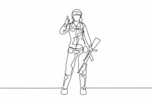 Dibujo de línea continua única mujeres soldados de pie con armas, uniformes, gestos de pulgar hacia arriba que sirven al país con la fuerza de las fuerzas militares. Ilustración de vector de diseño gráfico de dibujo de una línea