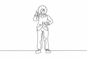 Single one line drawing of female clown stands with a thumbs-up gesture wearing wig and clown costume ready to entertain the audience in circus. Continuous line draw design graphic vector illustration