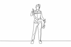 Single one line drawing of plumber woman stands with the gesture of raising his thumb and holding a carpentry tool fixing a broken plumbing. Continuous line draw design graphic vector illustration.