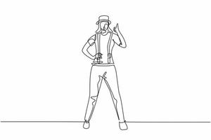 Continuous one line drawing female mime artist stands with a thumbs-up gesture and white face make-up makes audience laugh with silent comedy. Single line draw design vector graphic illustration