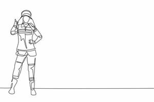 Continuous one line drawing female firefighters stood wearing helmets and uniforms complete with a thumbs-up gesture to work to extinguish the fire. Single line draw design vector graphic illustration