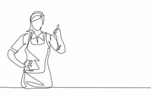 Single continuous line drawing hotel maids in uniform and gesture thumbs up. Work deftly to make and prepare the bed in a professional manner. Dynamic one line draw graphic design vector illustration