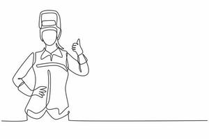 Single continuous line drawing female welder with a thumb-up gesture works in the construction of a building forming a steel frame melted by fire. One line draw graphic design vector illustration