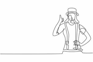 Single one line drawing of female mime artist with thumbs-up gesture and white face make-up puts on a silent motion comedy show at circus arena. Continuous line draw design graphic vector illustration