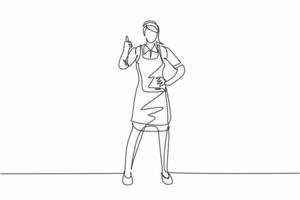 Continuous one line drawing maid in hotel stood with one hand on his waist and the other with a thumbs-up gesture. Working with great hospitality. Single line draw design vector graphic illustration