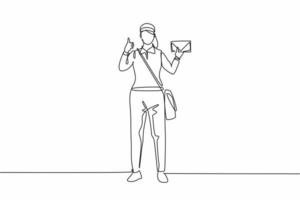 Single one line drawing of postwoman standing in a hat, bag, uniform, holding an envelope, and with a thumbs-up gesture delivering mail. Modern continuous line draw design graphic vector illustration
