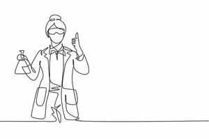 Single one line drawing of female scientist with a thumbs-up gesture and hold measuring tube examining the chemical solution to make a vaccine. Continuous line draw design graphic vector illustration