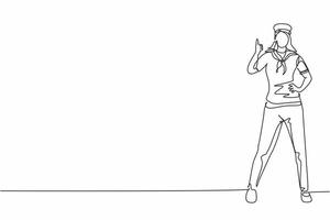 Single one line drawing of sailor woman stands with a thumbs-up gesture to be part of a cruise ship carrying passengers traveling across seas. Continuous line draw design graphic vector illustration