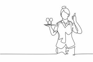 Single one line drawing of waitress with a thumbs-up gesture and brought a tray of drinking glasses serving visitors at the cafeteria. Modern continuous line draw design graphic vector illustration