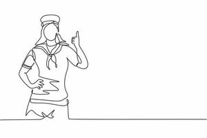 dibujo de una sola línea de una mujer marinera con un gesto de pulgar hacia arriba lista para navegar a través de los mares en un barco que está encabezado por un capitán. Ilustración de vector gráfico de diseño de dibujo de línea continua moderna