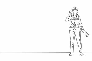 Continuous one line drawing the female architect stands with a thumbs-up gesture and wears a helmet with a blueprint for the building's work plan. Single line draw design vector graphic illustration.