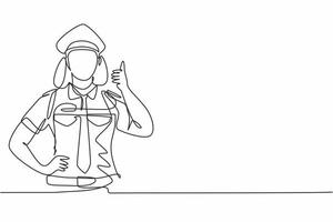 dibujo de una sola línea de una mujer piloto con un gesto de pulgar hacia arriba y en uniforme completo lista para volar con la tripulación de cabina en el avión en el aeropuerto. Ilustración de vector gráfico de diseño de dibujo de línea continua
