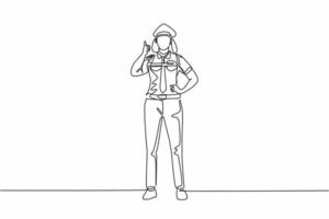 Single continuous line drawing woman pilot stands with a thumbs-up gesture and uniform serves airplane passengers fly to their destination. Dynamic one line draw graphic design vector illustration.