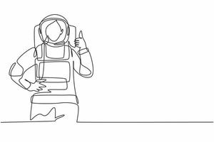 Single one line drawing of female astronauts with a thumbs-up gesture wearing spacesuits to explore space in search the mysteries of universe. Continuous line draw design graphic vector illustration