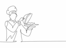 Single one line drawing of young attractive male chef serving delicious cuisine on restaurant. Holding and opening tray cloche modern template one line hand drawn vector illustration minimalism style