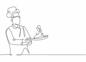 Un solo dibujo de línea continua de un joven chef masculino guapo seguro que lanza el ingrediente en la sartén mientras saltea la comida. concepto de comida sana diseño de dibujo de una línea vector minimalismo ilustración
