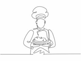 Continuous one line drawing of young handsome man chef in uniform serving main dish to customer at hotel restaurant. Healthy organic food concept single line draw graphic design vector illustration