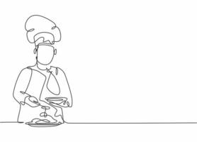 Single continuous line drawing of young happy male chef pouring sauce on main dish to serve to customer. Preparing healthy food concept one line drawing design vector minimalism illustration