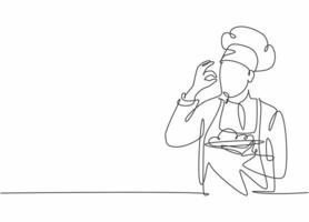 Single one line drawing of young attractive male chef making excellent taste gesture to delicious main dish meal he served. Hotel restaurant trendy one line hand drawn vector illustration minimalism