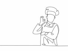 un dibujo de línea continua del joven chef masculino posa casualmente mientras da un excelente gesto de sabor de comida. Ilustración de vector de diseño de dibujo de línea única de concepto de banner de restaurante con fondo blanco