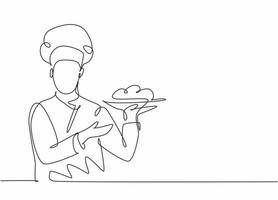 Continuous one line drawing of young attractive male chef holding main dish food tray and ready to serve to customer. Good resto service concept single line draw graphic design vector illustration