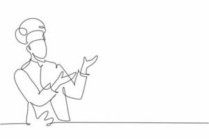 Single continuous line drawing of young friendly man chef in uniform pose serving menu at screen display. Online food restaurant banner concept one line drawing design vector graphic illustration