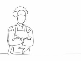 Single continuous line drawing of  young confident handsome male chef in uniform pose standing and crossing arm in chest. Resto banner model concept one line drawing design vector graphic illustration
