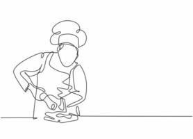 Single continuous line drawing of young happy male chef sparkling salt paper seasoning into meal dish. Preparing organic food for catering concept one line drawing design vector graphic illustration